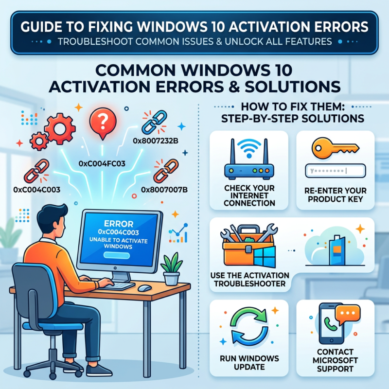 Guide to fixing Windows 10 activation errors; common errors 0xC004C003, 0x8007232B, and 0x8007007B; check internet connection, re-enter product key, use activation troubleshooter, run Windows Update, contact Microsoft support.